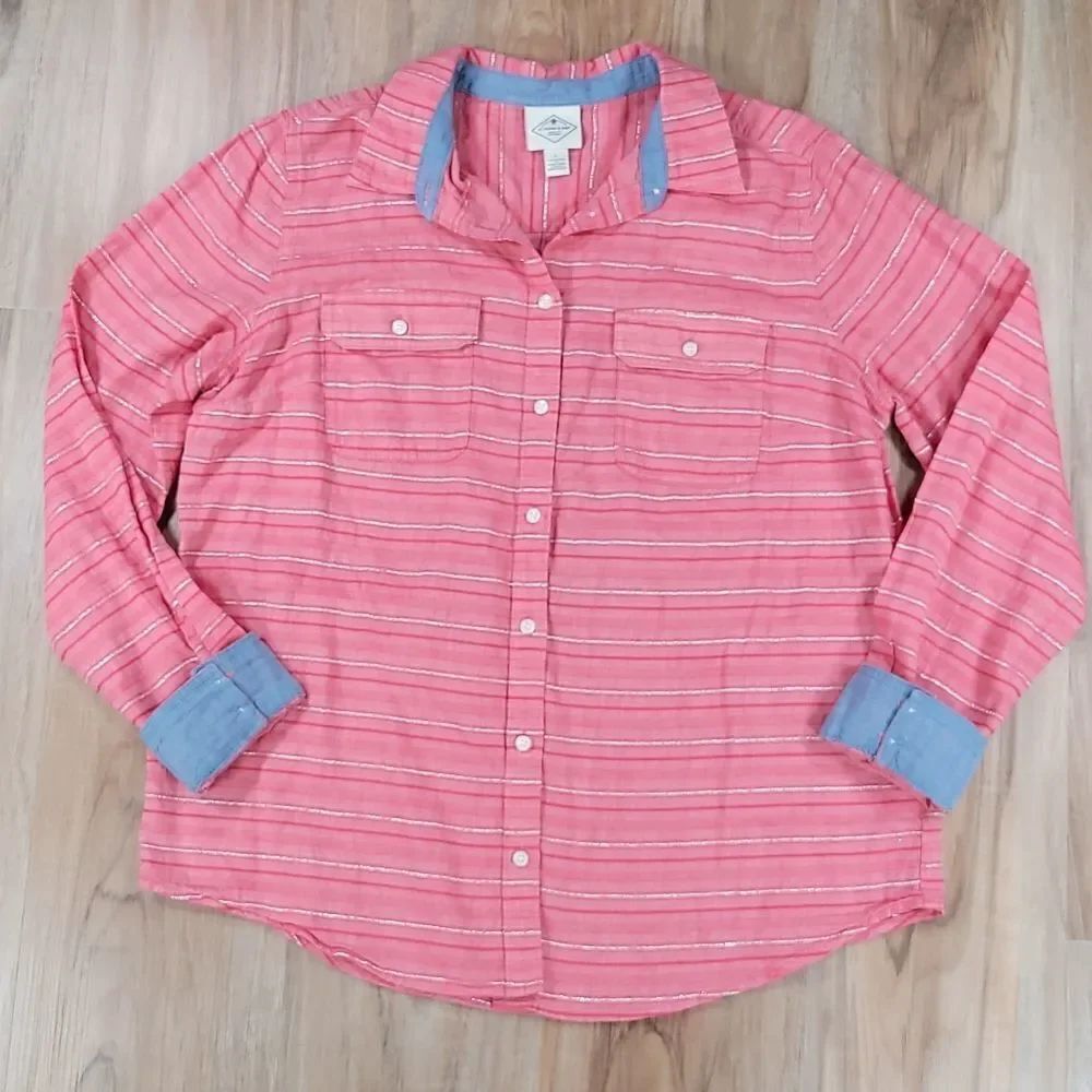 🔺️St. John's Bay Red & Silver Stripe Buttoned Long Sleeve Shirt w/Chest Pockets